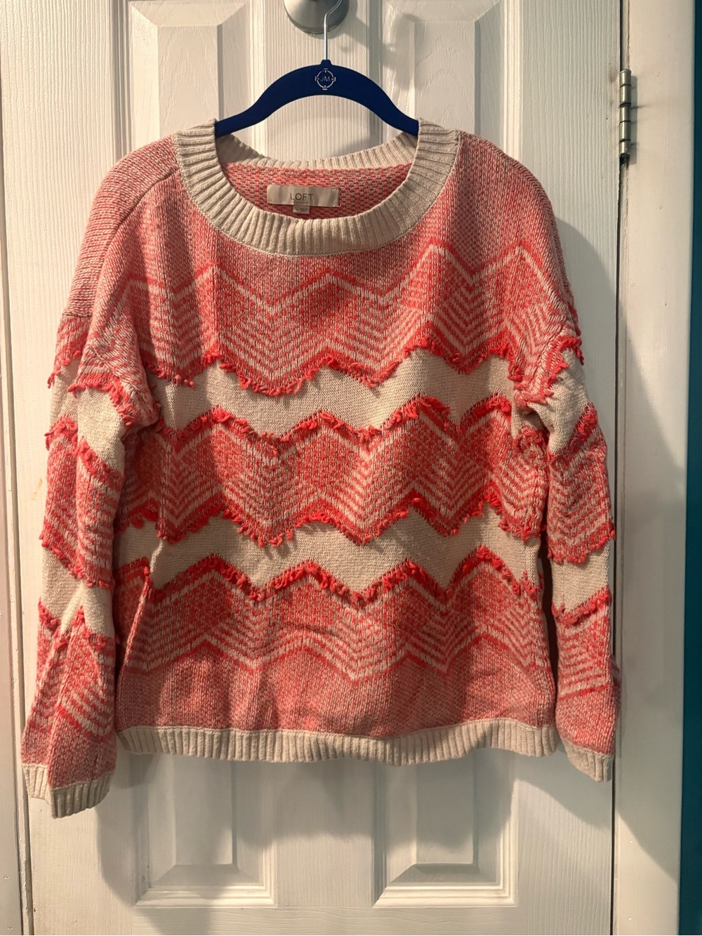 LOFT Cream and Coral Chevron Fringe Crewneck Sweater